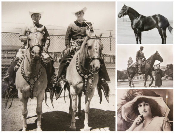 Left: E. Paul Waggoner and his brother-in-law, John Biggs, at the Palomino Club Parade. Top right: Purchased by E. Paul Waggoner in 1945 for $5,700, Poco Bueno was grand champion stallion at the American Royal Livestock Show in Kansas City, Denver’s National Western Stock Show, Fort Worth’s Southwestern Exposition and Fat Stock Show, and the State Fair of Texas in Dallas. Per E. Paul’s will, Pokey was buried in a standing position across from the ranch entrance. Middle right: An accomplished sculptress, Electra Waggoner Biggs stands beside Into the Sunset, her sculpture of Will Rogers astride Soapsuds on the Texas Tech University campus in Lubbock. Lower right: Tom’s stylish daughter, Electra Waggoner Wharton.