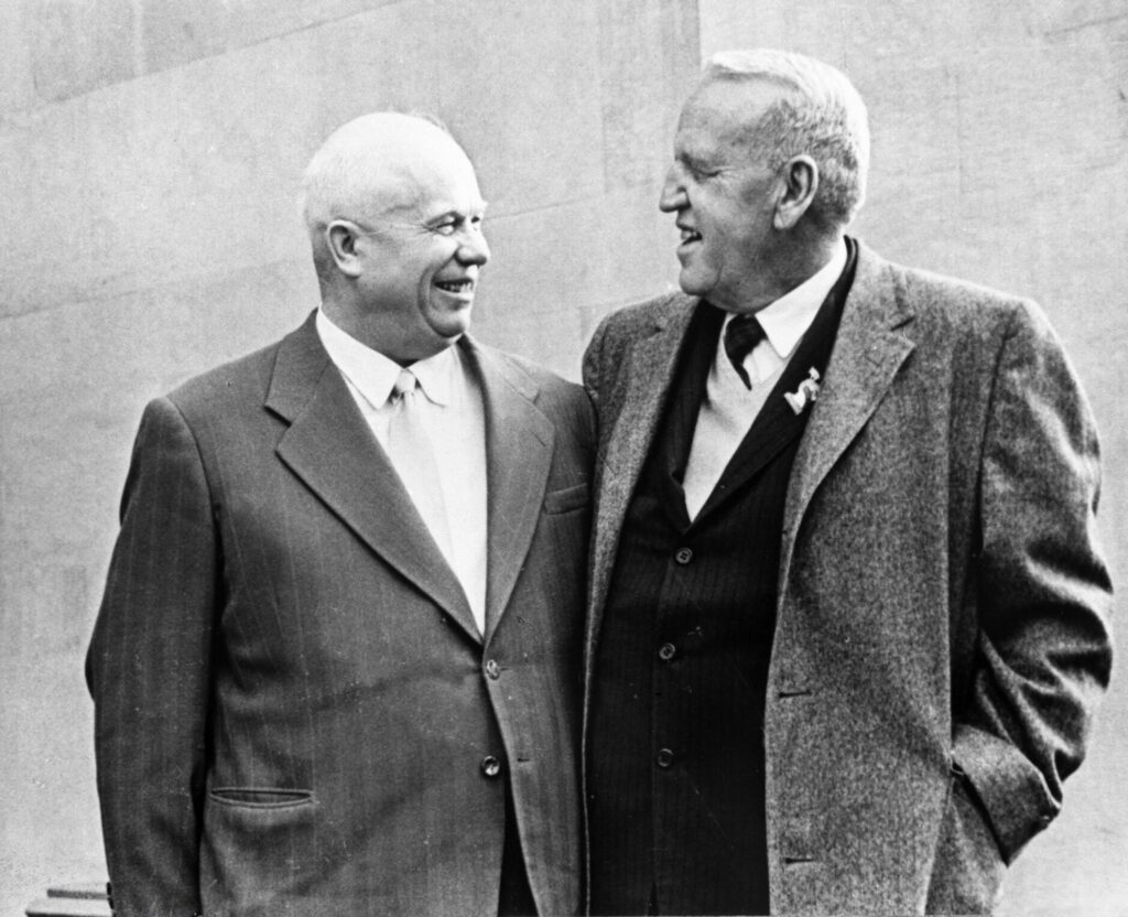 First Secretary of the CPSU Central Committee Nikita Khrushchev 1894 1971 left and American farmer Roswell Garst right