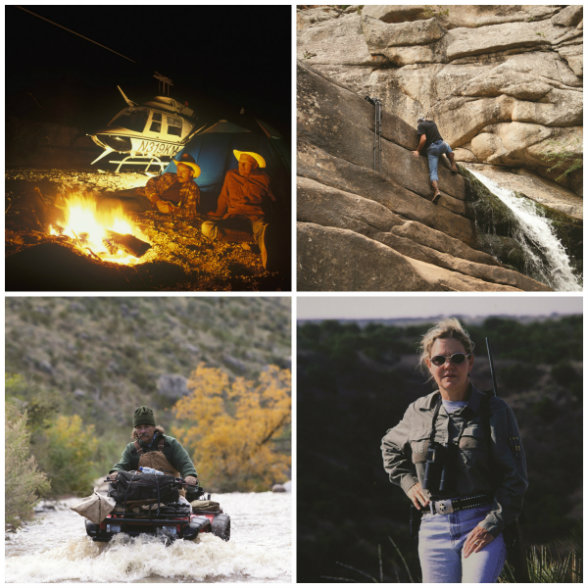 Meinzer’s assignments almost always go above and beyond. UPPER LEFT: He routinely relies on his good friend Knut Mjolhus to pilot him to remote locations such as the Chinati Mountains high above the Texas-Chihuahua border. UPPER RIGHT: When Mjolhus is not available, Meinzer must fend for himself, hauling his gear up granite cliffs in Wyoming’s Laramie Mountains. LOWER LEFT: For three decades, Meinzer has relied on this sturdy Honda 350cc 4x4 to tackle terrain such as Mexico’s Del Carmen Mountains. LOWER RIGHT: Meinzer’s wingman of choice? His wife, Sylinda.